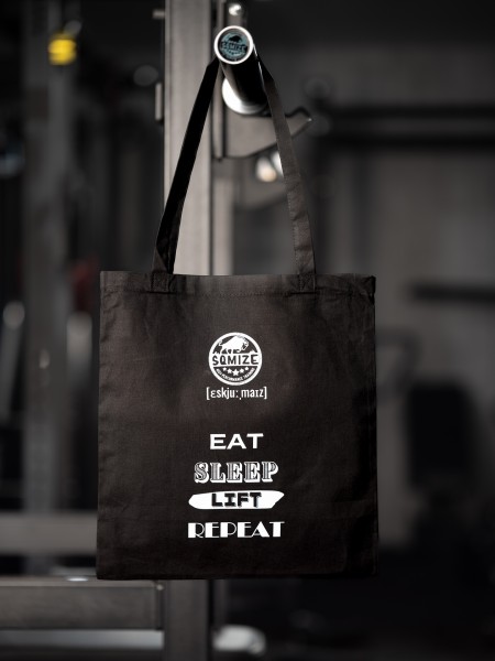 Cotton Bag SQMIZE® black, "EAT SLEEP LIFT REPEAT"